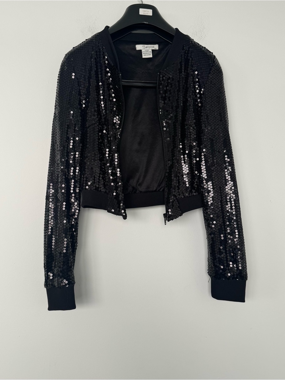 Womens Black Sequin Cropped Bomber Jacket S Glam Holiday Club Festival Coachella